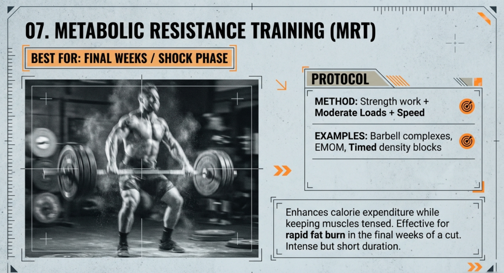 Athlete performing barbell lift with MRT protocol highlighting strength work with moderate loads and speed for final cutting weeks.