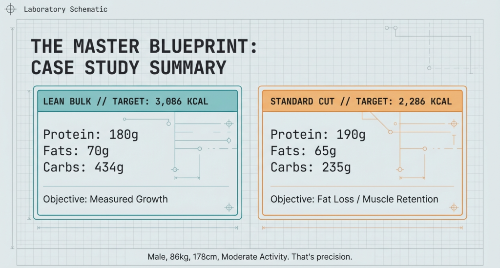 Side-by-side comparison of lean bulk and standard cut calorie targets with detailed macro breakdowns.