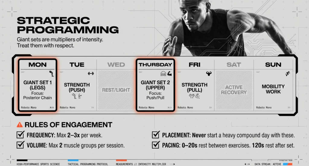 Weekly workout schedule showing giant sets on Monday and Thursday with strength, recovery, and mobility days.