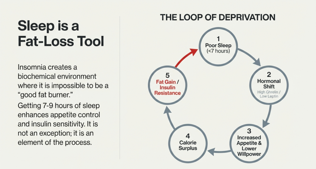 Diagram showing how poor sleep causes hormonal shifts, increased appetite, calorie surplus, insulin resistance, and fat gain in a repeating loop.