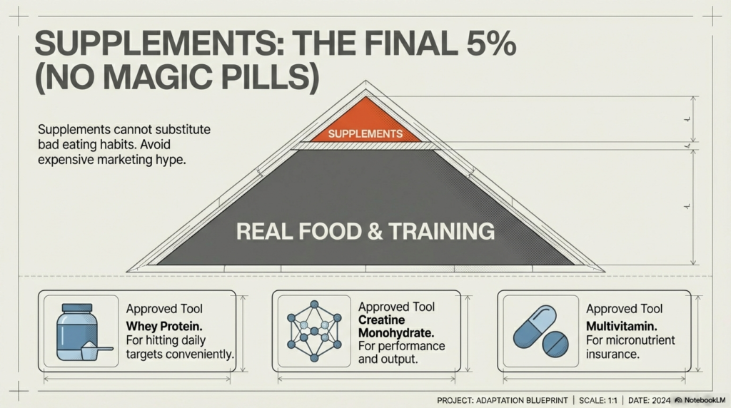 Pyramid graphic showing real food and training as the foundation with supplements at the top.