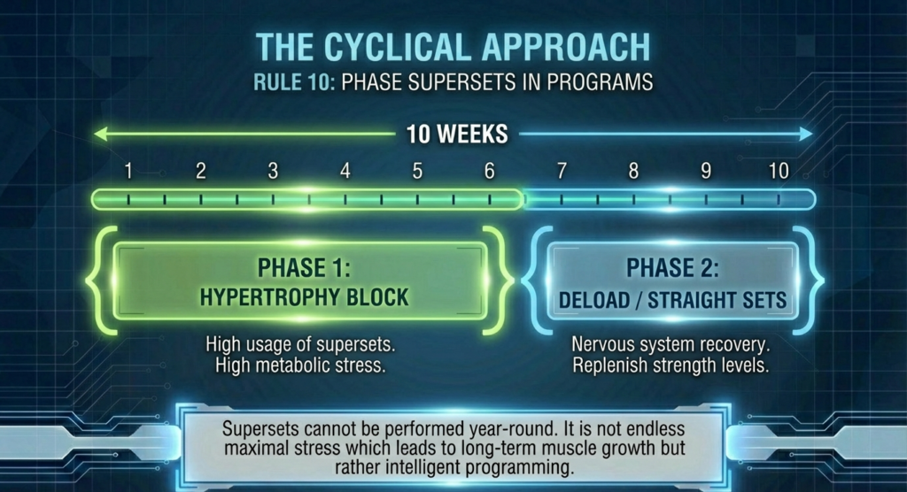 Timeline showing hypertrophy and deload phases for cycling superset training over multiple weeks.