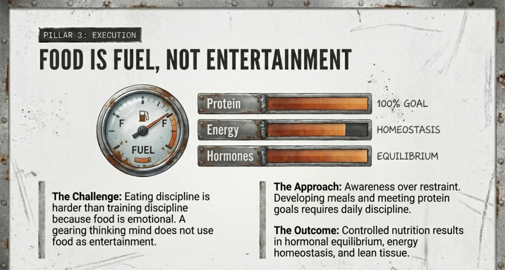 Nutrition discipline graphic showing protein, energy, and hormone balance as fuel for performance and recovery.