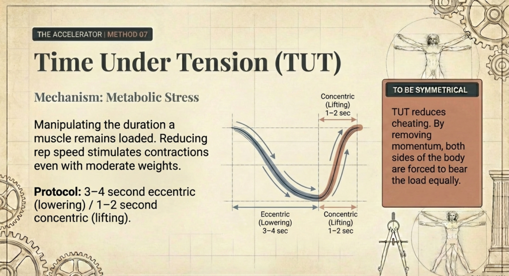 Graph explaining time under tension with eccentric and concentric tempo breakdown for hypertrophy.