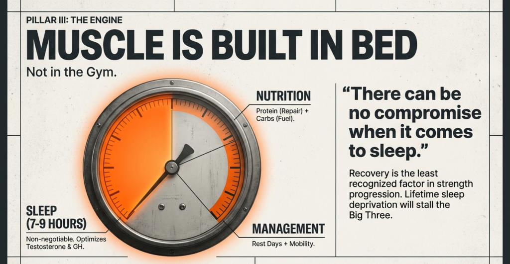 Graphic emphasizing sleep, nutrition, and recovery as essential components of muscle growth and strength development.