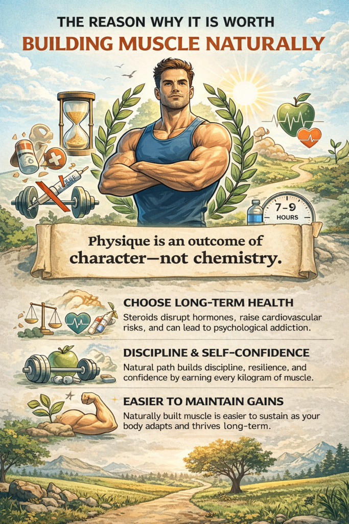 Motivational fitness infographic showing a muscular man surrounded by health and recovery symbols, highlighting long-term health, discipline, confidence, and sustainable muscle growth without steroids.