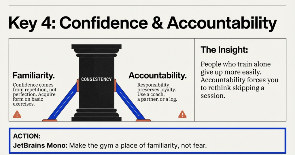 Infographic showing how confidence built through familiarity and accountability through coaching, partners, or tracking creates consistency and reduces gym dropout.