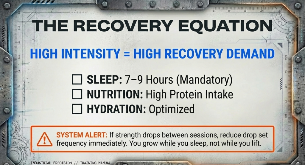 Infographic showing recovery requirements for drop sets including 7–9 hours sleep, high protein nutrition, hydration, and warning about strength decline.