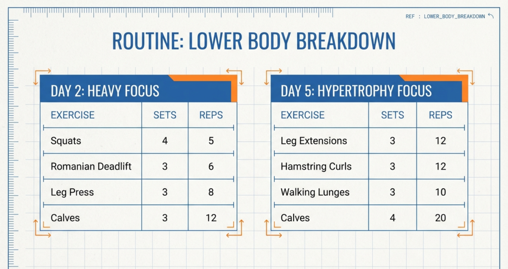 Lower body workout chart showing heavy day exercises like squats and Romanian deadlifts, and hypertrophy day exercises like leg extensions, lunges, and calves with sets and reps.