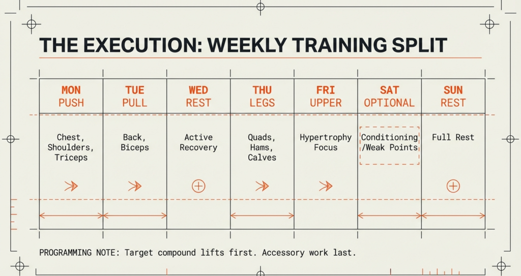Weekly workout split chart showing push, pull, rest, legs, upper hypertrophy, optional conditioning, and full rest days for natural muscle building.