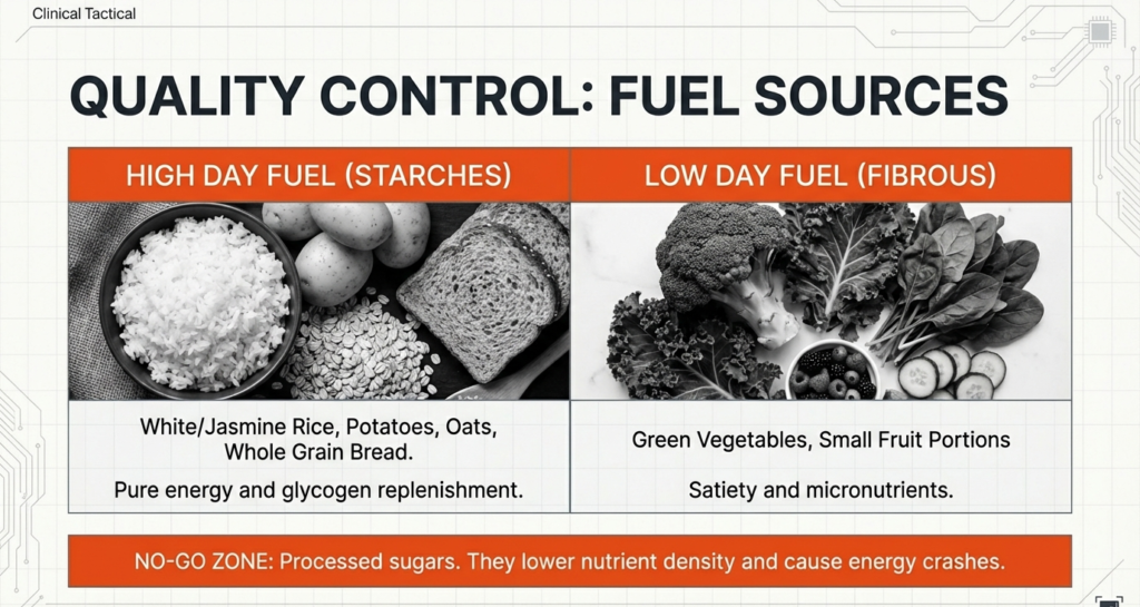 Infographic comparing high-day starch sources like rice, potatoes, oats, and whole grain bread with low-day fibrous vegetables and small fruit portions, warning against processed sugars.