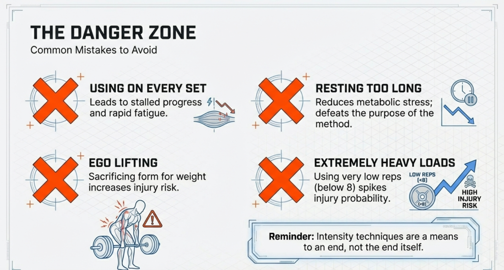 Infographic showing common rest-pause training mistakes including using it on every set, resting too long, ego lifting, and extremely heavy low-rep loads.