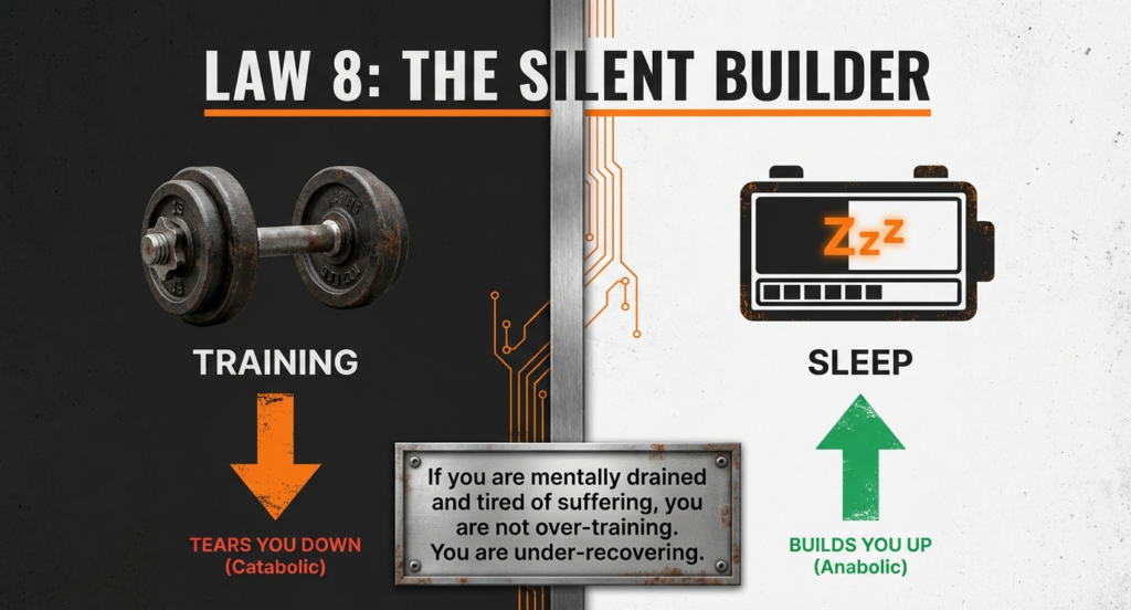 Split graphic showing training labeled catabolic tearing you down on one side and sleep labeled anabolic building you up on the other, with message about under-recovery versus overtraining.