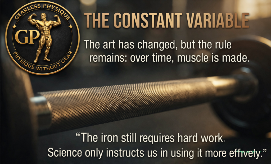 Cinematic close-up of a barbell in a dimly lit gym with the Gearless Physique logo in the top corner and motivational text about hard work and science in muscle building.