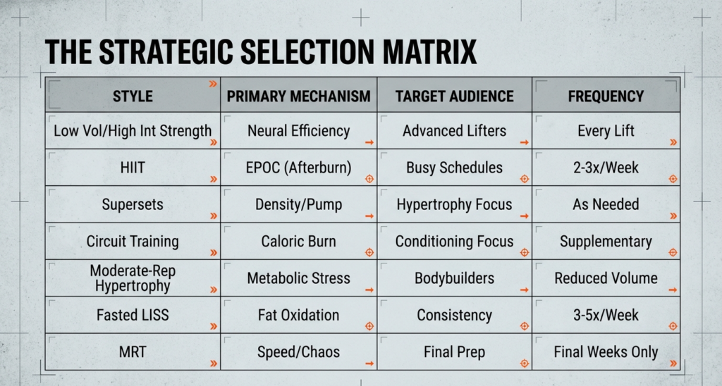Infographic table titled Strategic Selection Matrix showing cutting training styles including low volume high intensity strength, HIIT, supersets, circuit training, moderate-rep hypertrophy, fasted LISS, and MRT with mechanisms and frequency.