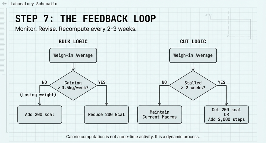 Flowchart showing bulk and cut decision logic based on weigh-in averages, with instructions to add or reduce 200 calories depending on progress trends.