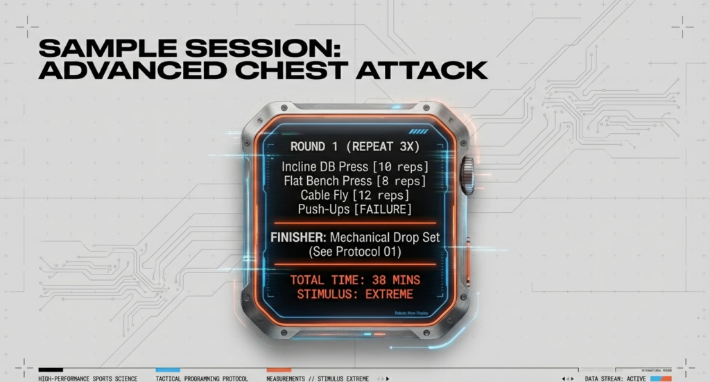 Advanced chest giant set workout display showing incline dumbbell press, flat bench press, cable fly, push-ups to failure, and mechanical drop set finisher.