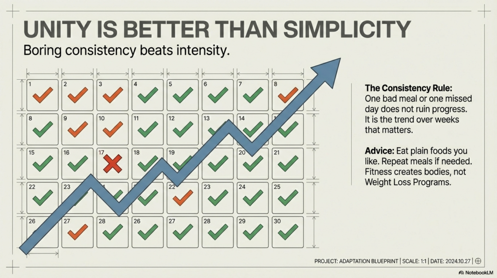 Calendar-style infographic showing steady progress from consistent nutrition habits despite occasional missed days.