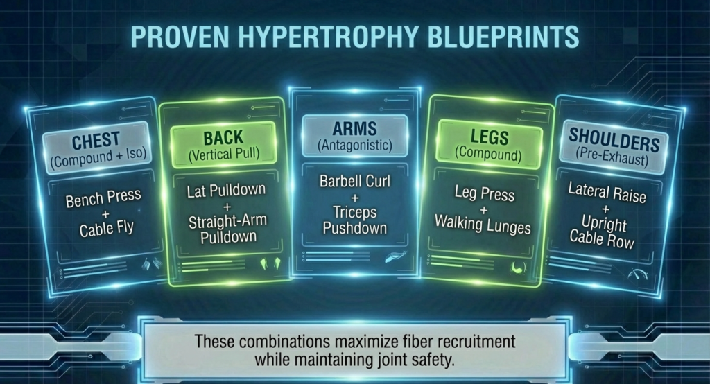 Infographic showing proven hypertrophy superset blueprints for chest, back, arms, legs, and shoulders using compound and isolation exercises.