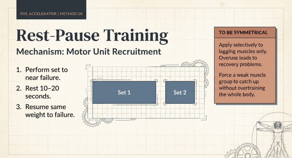 Infographic explaining rest-pause training for hypertrophy, showing short rest intervals to increase motor unit recruitment and muscle growth.