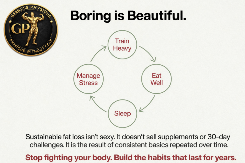 Infographic showing the core fat loss habits—strength training, eating well, quality sleep, and stress management—emphasizing consistent basics for long-term, sustainable fat loss.