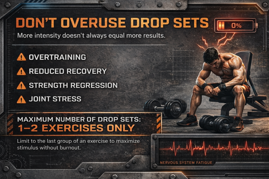 Fitness infographic warning against overusing drop sets, showing risks like overtraining, reduced recovery, strength regression, joint stress, and nervous system fatigue.