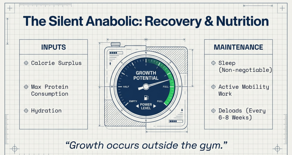 Infographic illustrating recovery and nutrition as key muscle growth factors, highlighting calorie surplus, protein intake, hydration, sleep, mobility work, and scheduled deloads for maximizing growth potential.