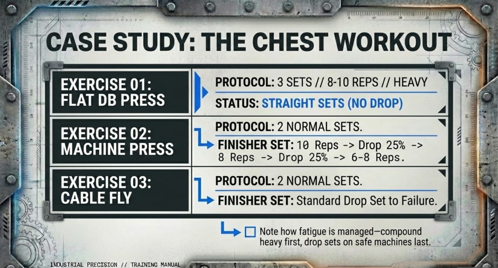 Chest workout example showing flat dumbbell press with straight sets, machine press with 25 percent drop sets, and cable fly finisher.