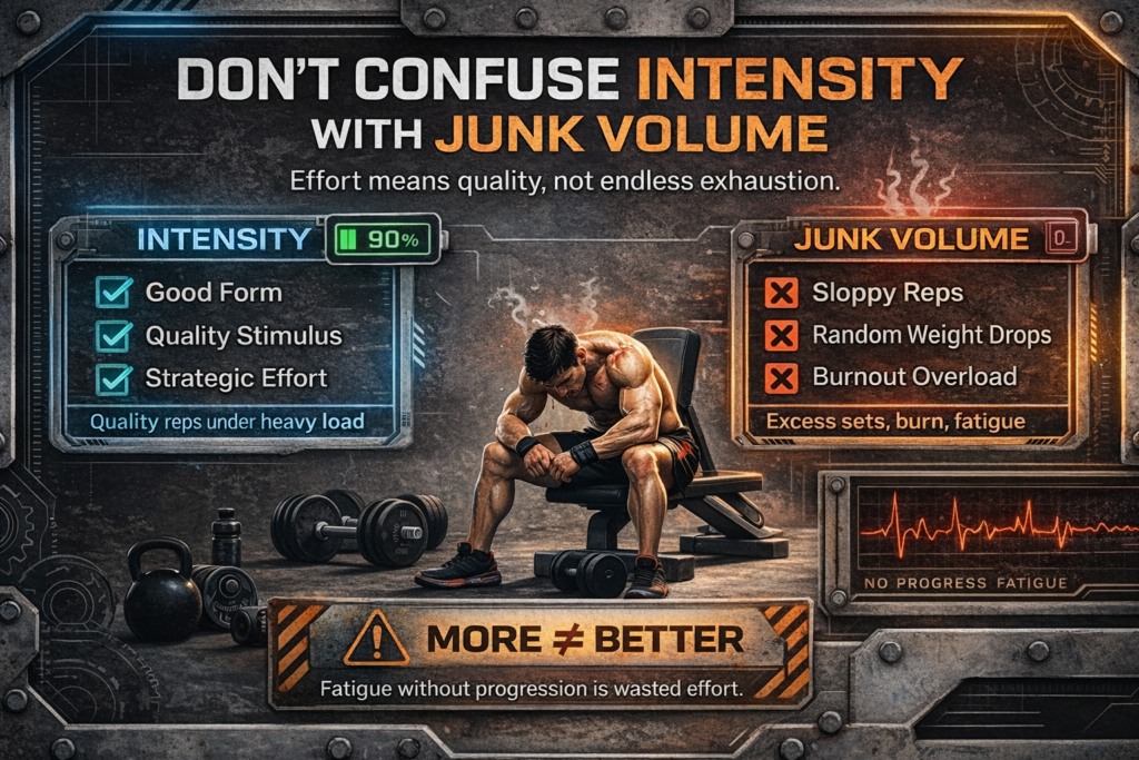 Fitness infographic comparing true training intensity with junk volume, highlighting good form and strategic effort versus sloppy reps, burnout, and no progress fatigue.