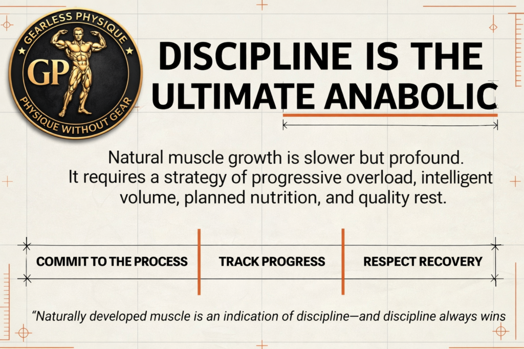 Motivational fitness graphic with the Gearless Physique circular logo in the top left corner and bold text stating “Discipline Is the Ultimate Anabolic,” emphasizing progressive overload, smart training, nutrition, and recovery. gain muscle without steroids.