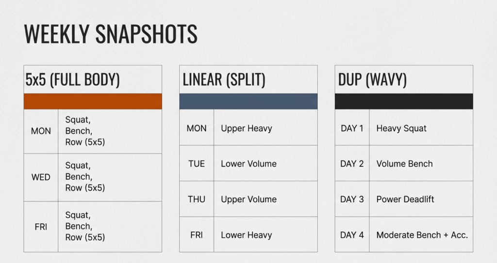 Side-by-side comparison of weekly training structure for 5x5 full body, linear split, and DUP wavy programming styles.