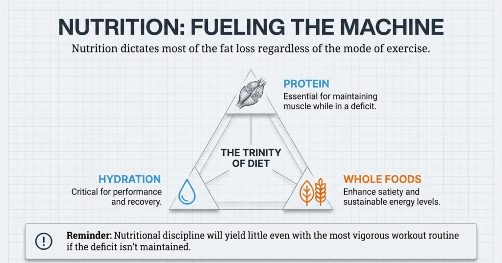 Graphic showing the “Trinity of Diet” including protein, hydration, and whole foods as essential components for sustainable fat loss.