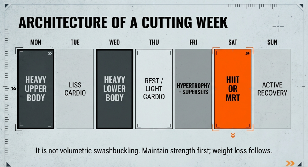 Weekly cutting workout split showing heavy upper body, LISS cardio, heavy lower body, rest or light cardio, hypertrophy with supersets, HIIT or MRT, and active recovery.