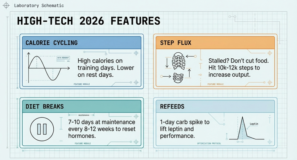 Infographic highlighting advanced strategies including calorie cycling, increasing daily steps, diet breaks, and carbohydrate refeeds for metabolic optimization.