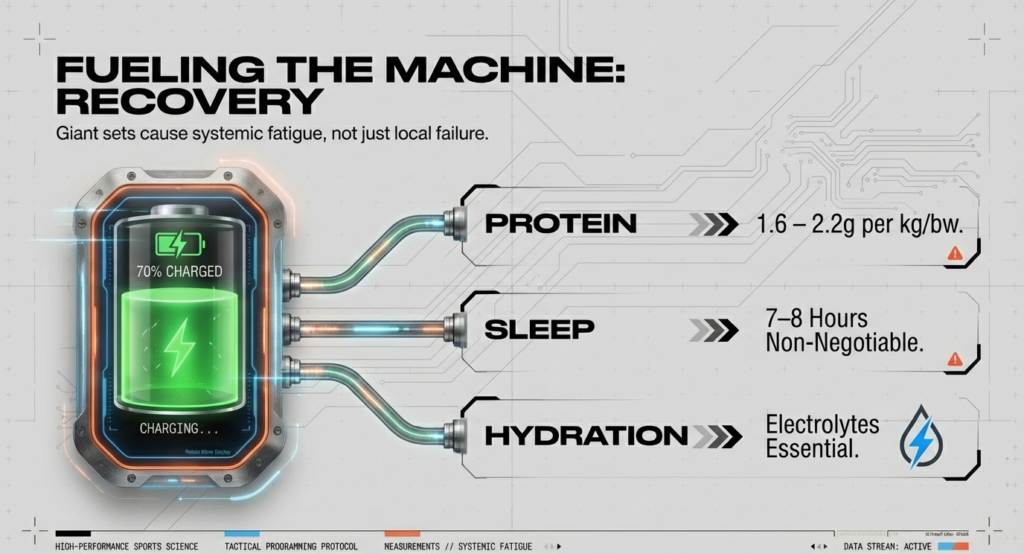 Recovery infographic highlighting protein intake (1.6–2.2g per kg), 7–8 hours of sleep, and electrolyte hydration for optimal muscle recovery.