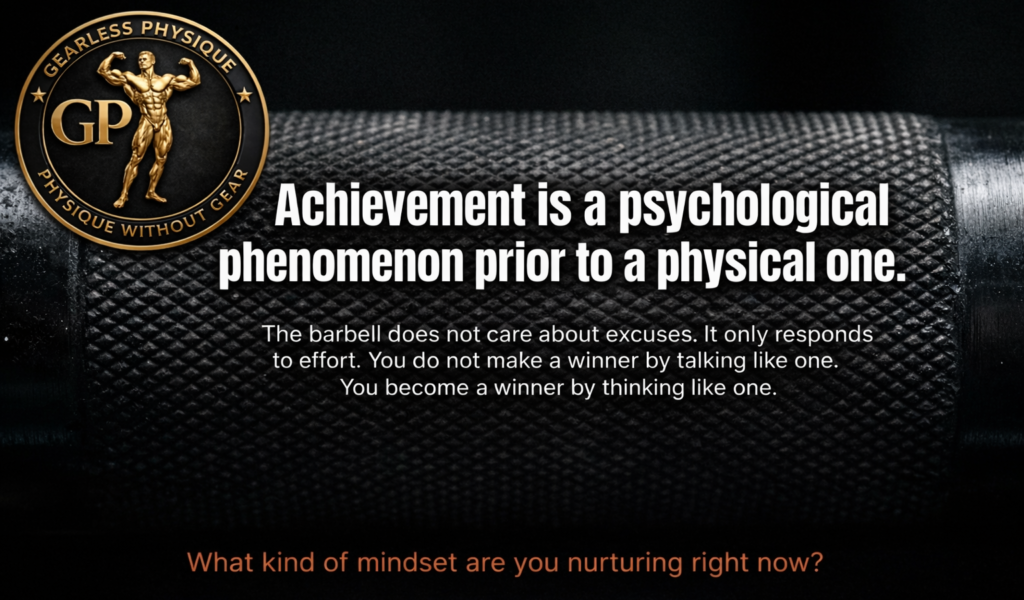 Motivational fitness graphic featuring a close-up barbell background with the Gearless Physique circular gold logo in the top left and bold text stating that achievement is psychological before physical.