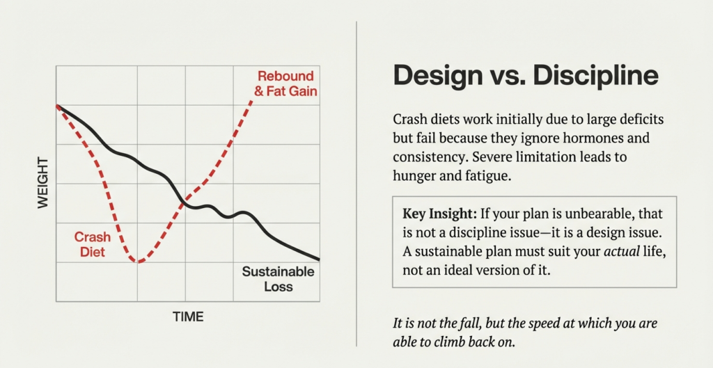 Graph comparing crash dieting with sustainable fat loss, showing rebound weight gain versus steady long-term progress.