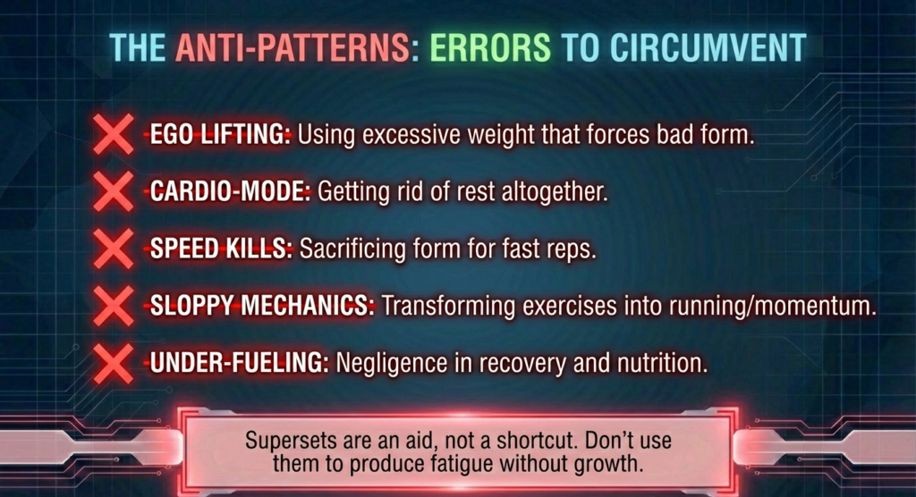 List of common superset errors including ego lifting, zero rest, fast reps, poor mechanics, and under-fueling