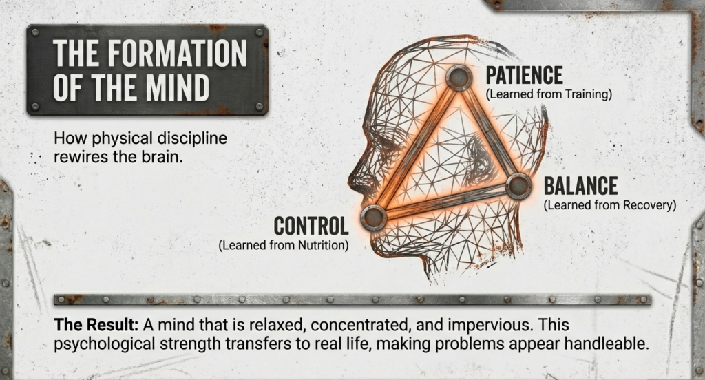 Illustration showing how discipline builds patience, balance, and control by rewiring the mind through training, nutrition, and recovery.