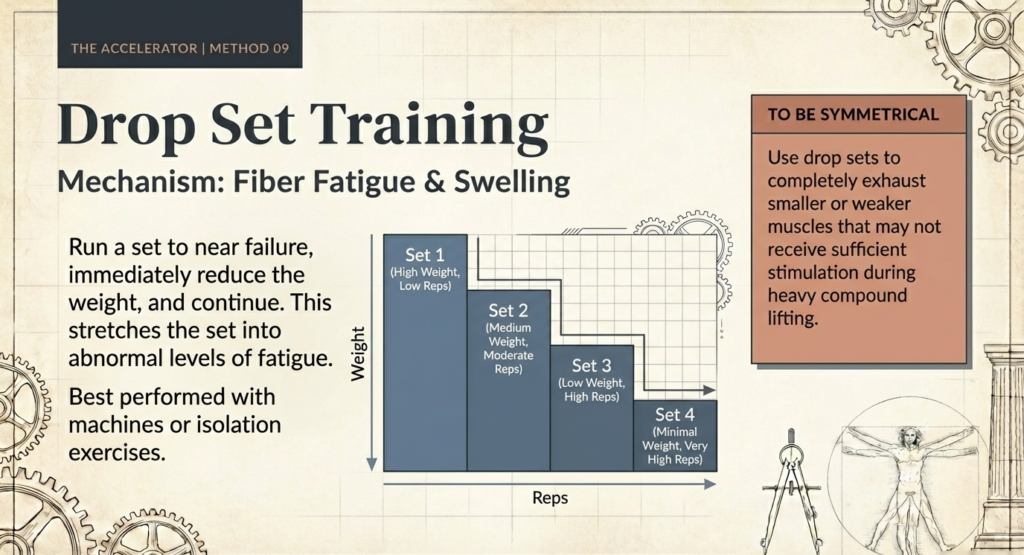 Diagram illustrating drop set training for hypertrophy, reducing weight across multiple sets to increase muscle fatigue and swelling.