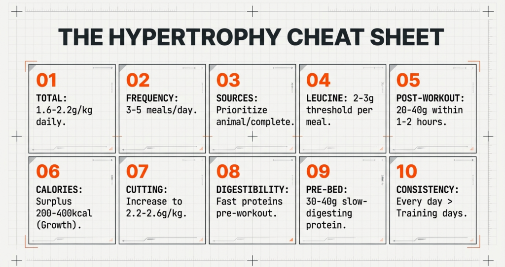 Summary infographic listing 10 hypertrophy principles including total protein intake, meal frequency, protein source quality, leucine threshold, post-workout timing, caloric surplus, cutting adjustments, digestibility, pre-bed protein, and consistency.