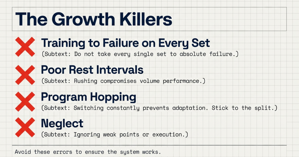 Infographic listing muscle growth mistakes including training to failure on every set, poor rest intervals, program hopping, and neglecting weak points or proper execution.
