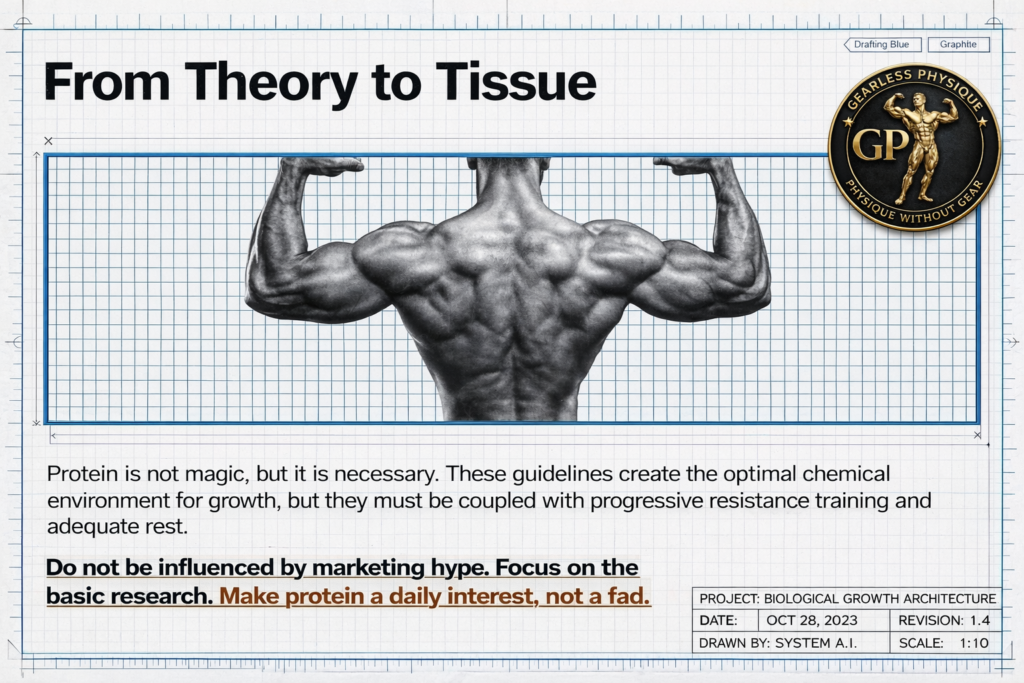 Blueprint-style fitness infographic titled “From Theory to Tissue” featuring a muscular back pose on a grid background with Gearless Physique logo in the top right corner and text emphasizing protein, research, and progressive resistance training.