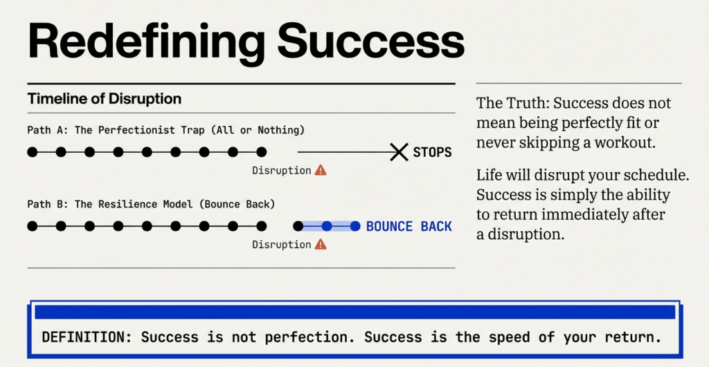 Timeline infographic comparing the perfectionist all-or-nothing fitness approach with a resilient bounce-back model after life disruptions.