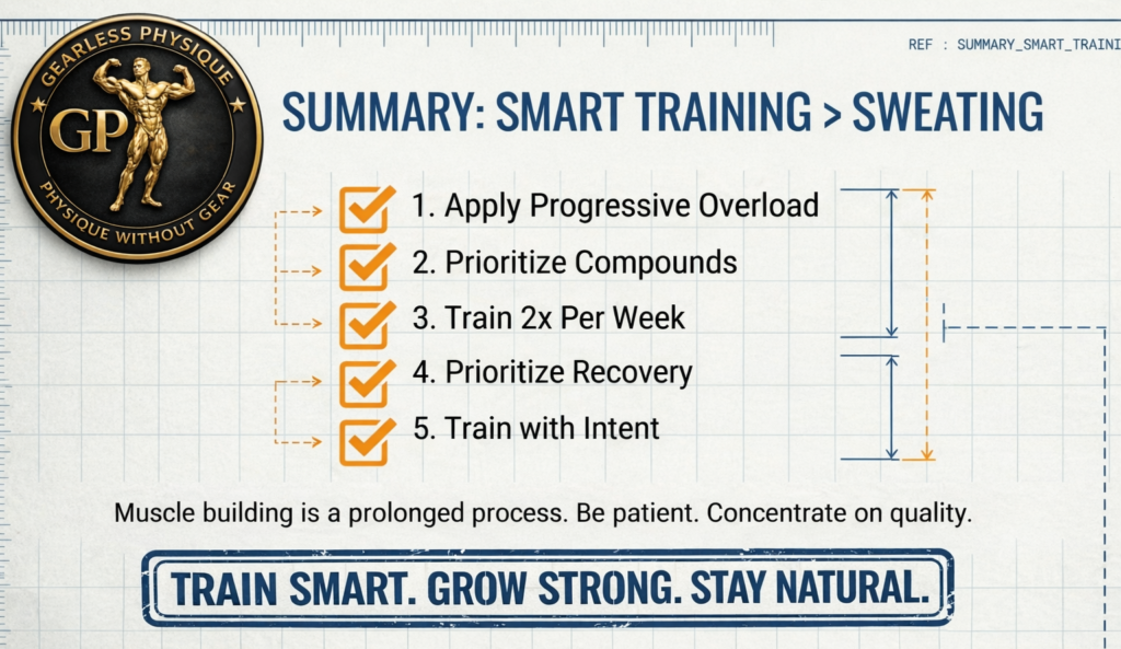 Fitness infographic summarizing five muscle-building rules including progressive overload, compound lifts, training frequency, recovery, and intentional training.