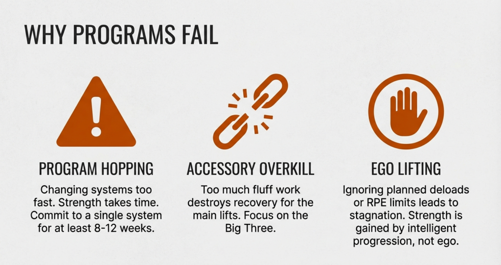 Graphic highlighting common training mistakes including program hopping, accessory overkill, and ego lifting.