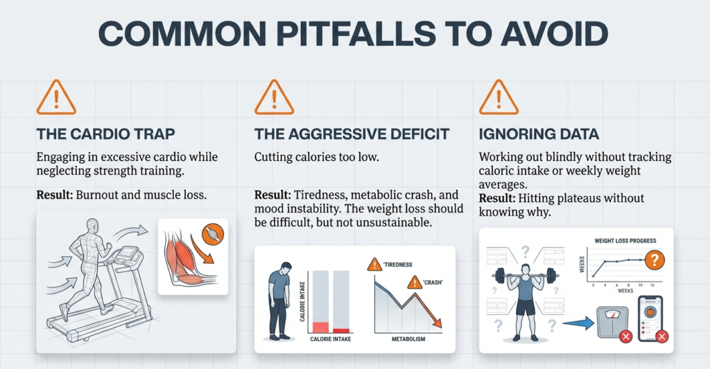 Infographic highlighting three common mistakes: excessive cardio, aggressive calorie deficits, and ignoring progress tracking.