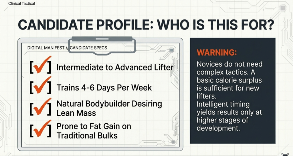 Checklist infographic describing ideal carb cycling candidates such as intermediate to advanced lifters, natural bodybuilders, and those prone to fat gain during bulks.