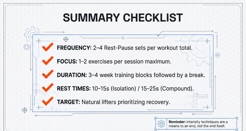 Checklist infographic outlining rest-pause frequency, exercise focus, duration blocks, rest times, and recovery guidelines for natural lifters.