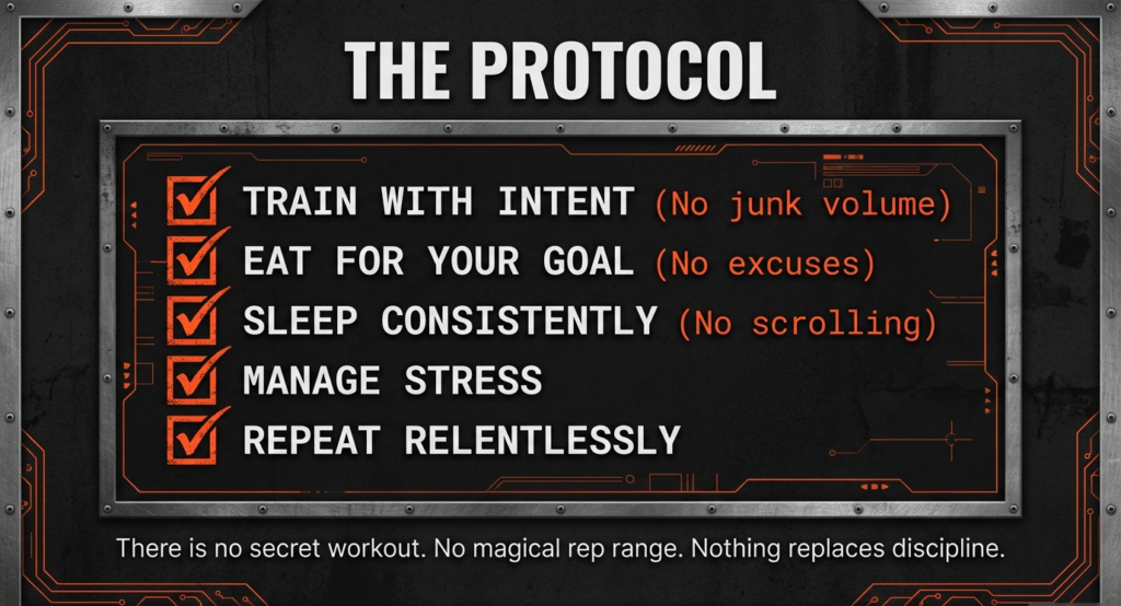 Checklist graphic listing train with intent, eat for your goal, sleep consistently, manage stress, and repeat relentlessly.